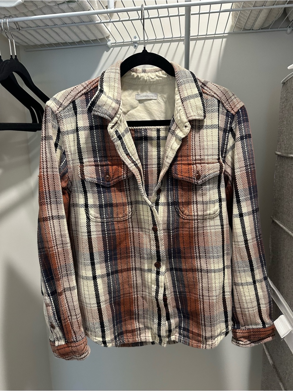 Outerknown Cream, Brown & Navy Plaid Button-Down Shirt